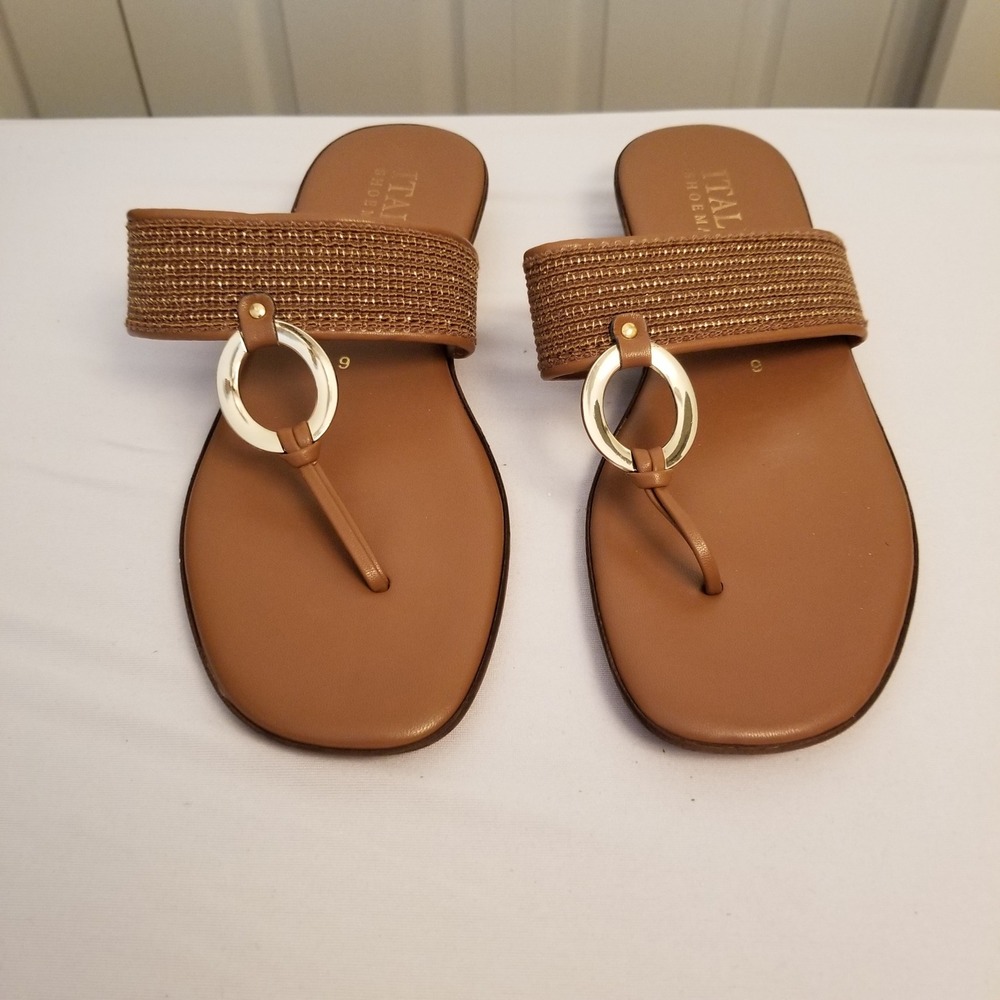 Italian Shoemakers Womens Brown Woven Gold Ring Thong Slide Sandals Size 9
